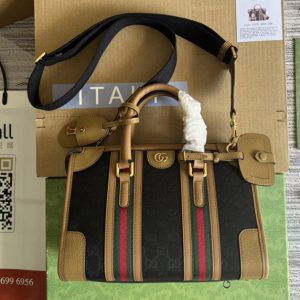 Replica Gucci 715772 Bauletto Small top handle bag in Black GG Canvas With Brown Leather