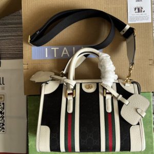 Replica Gucci 715772 Bauletto Small top handle bag in Black GG Canvas With White Leather