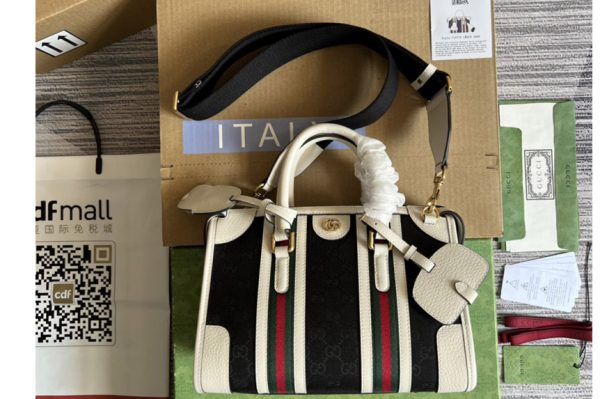 Replica Gucci 715772 Bauletto Small top handle bag in Black GG Canvas With White Leather