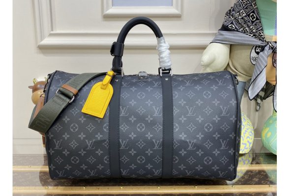 Replica Louis Vuitton M45611 Keepall 45 Bandoulière Bag in Monogram Eclipse coated canvas