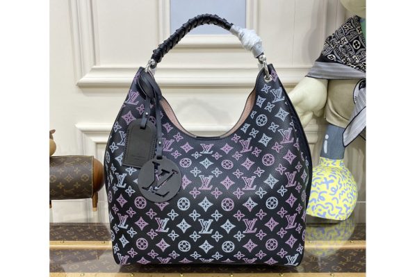 Replica Louis Vuitton M21299 LV Carmel hobo bag in Black Mahina perforated calf leather