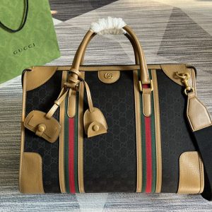 Replica Gucci 715671 Bauletto Large Tote bag in Black GG Canvas With Brown Leather