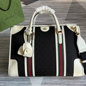 Replica Gucci 715671 Bauletto Large Tote bag in Black GG Canvas With White Leather