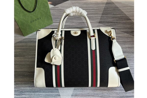 Replica Gucci 715671 Bauletto Large Tote bag in Black GG Canvas With White Leather