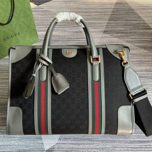 Replica Gucci 715671 Bauletto Large Tote bag in Black GG Canvas With Grey Leather