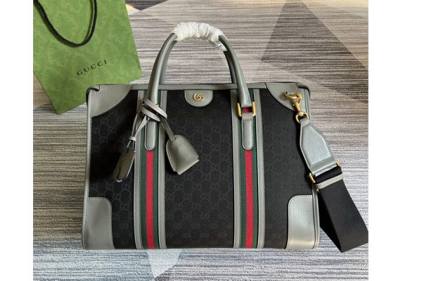 Replica Gucci 715671 Bauletto Large Tote bag in Black GG Canvas With Grey Leather