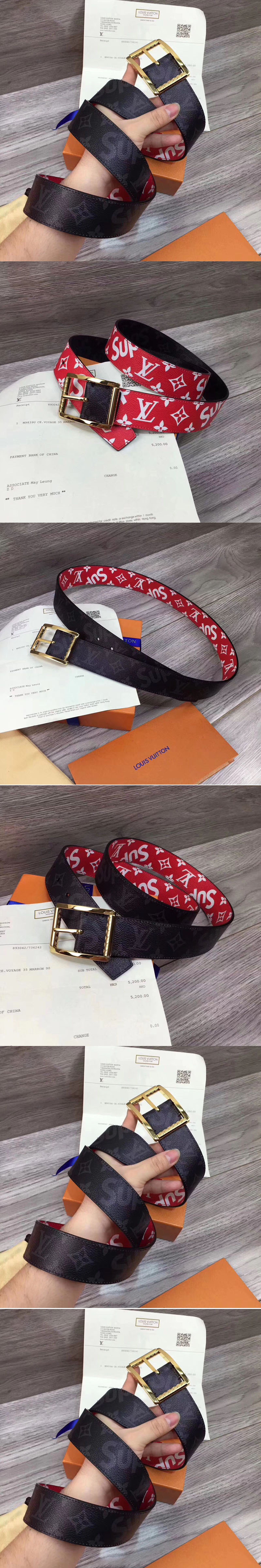 Replica Louis Vuitton Supreme x Red Monogram LV Reversible Belt Gold Buckle