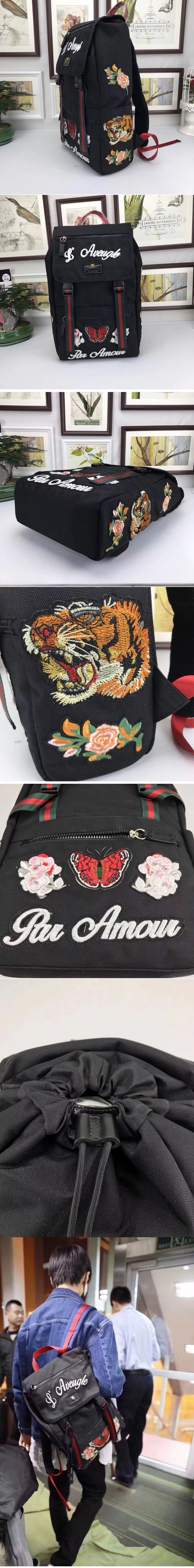 Replica Gucci 450982 Embroidered technical canvas backpack Black