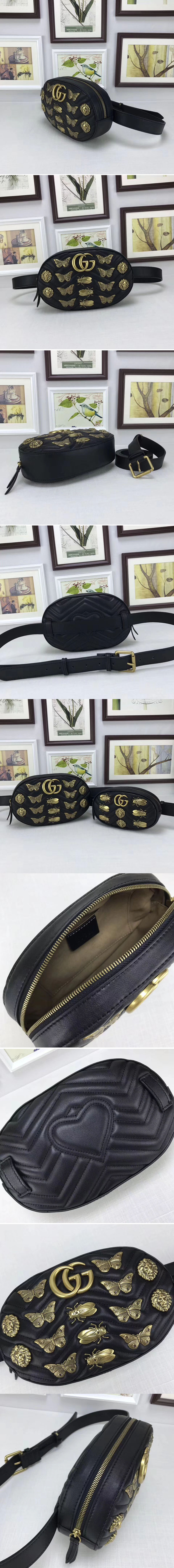 Replica Gucci 491294 GG Marmont animal studs leather belt bags Black