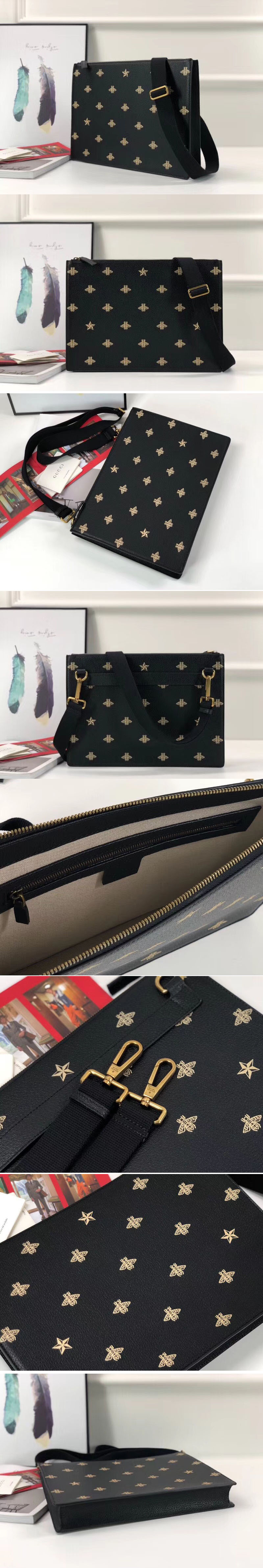 Replica Gucci 450976 Bee Star leather messenger Black