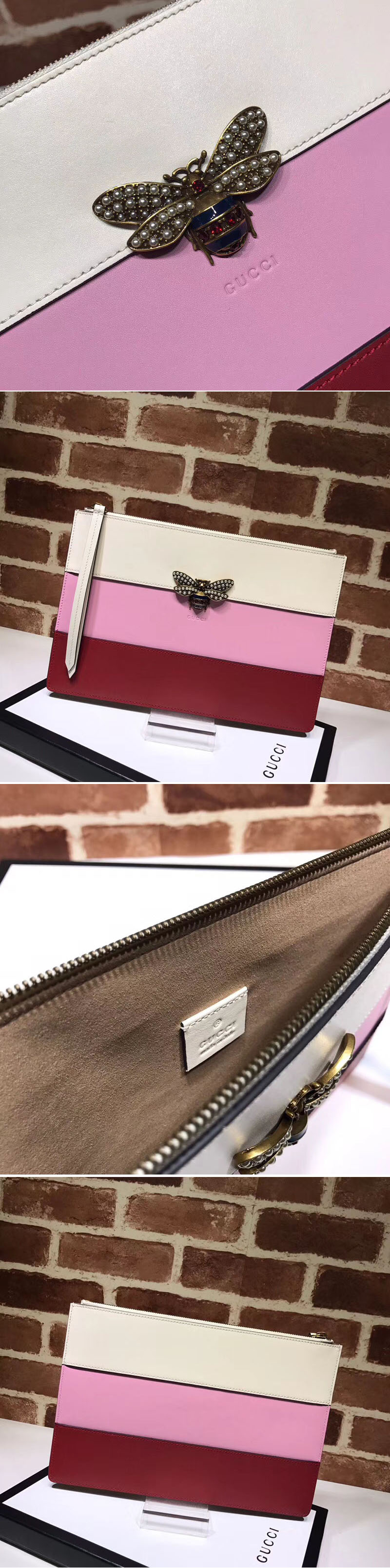 Replica Gucci Broadway Leather Clutch 476077 Red&Pink&White