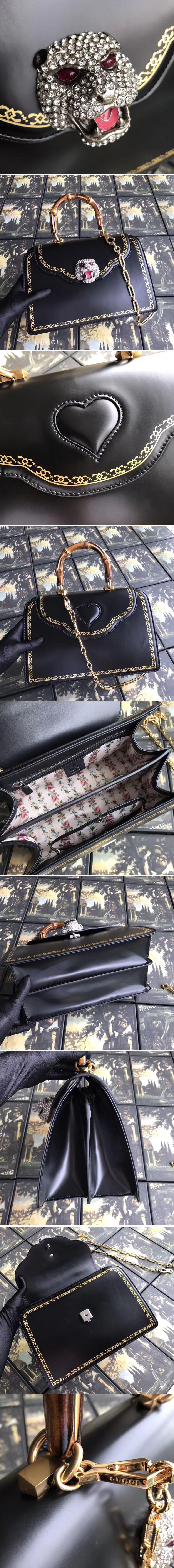 Replica Gucci Frame Print Leather Top Handle Bag Black 495881