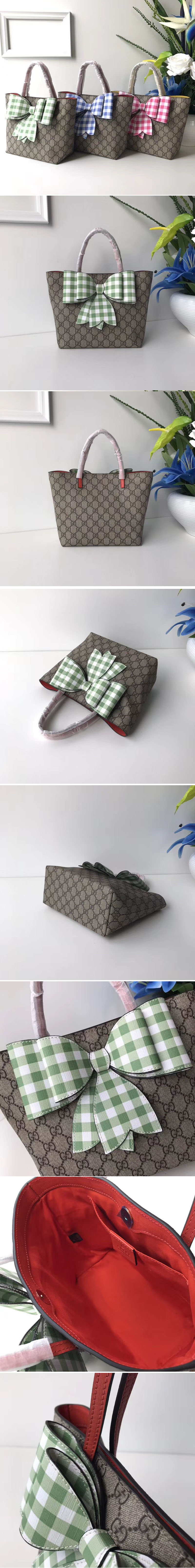 Replica Gucci 501804 Childrens GG Supreme Check Bow Tote Bags Green/White