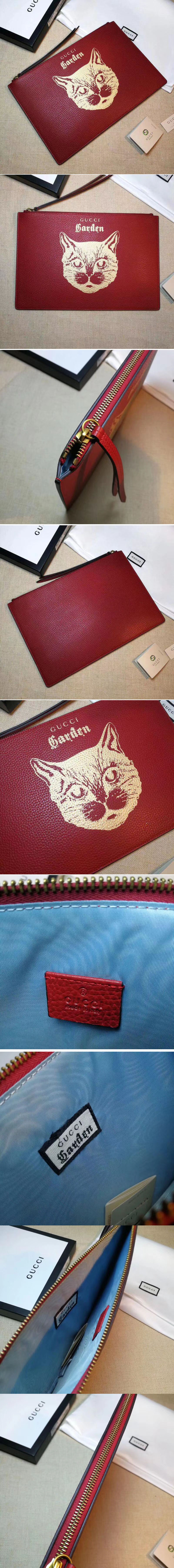 Replica Gucci Garden Cat Print Calfskin Pouch 516928 Red