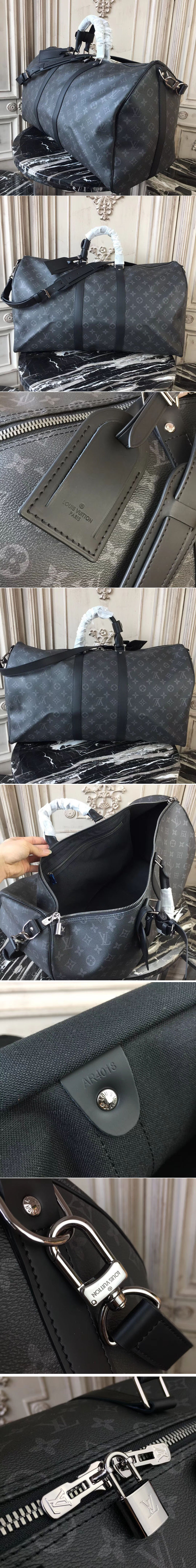 Replica Louis Vuitton M40605 Keepall 55 Bandouliere Monogram Eclipse canvas Bags