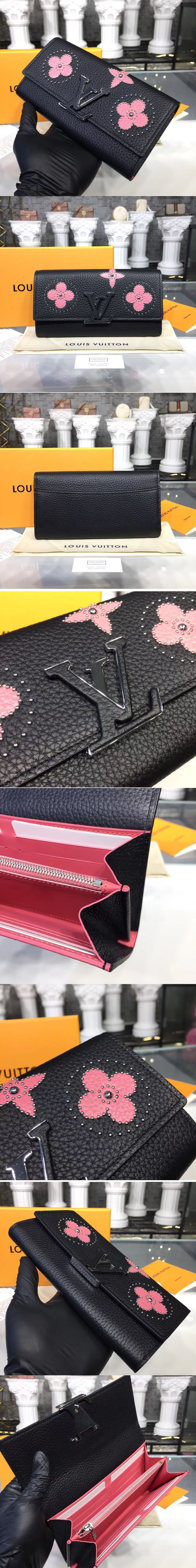 Replica Louis Vuitton M63211 LV Taurillon Leather Capucines Wallet Black And Pink