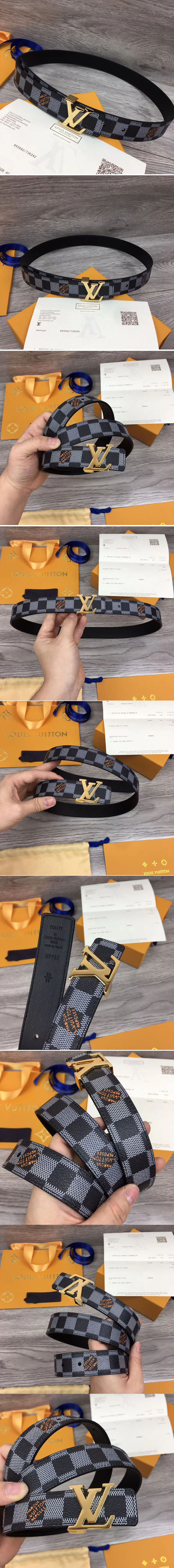 Replica Louis Vuitton MP182 LV Initiales 25mm Reversible belts Damier Graphite Canvas Gold Buckle