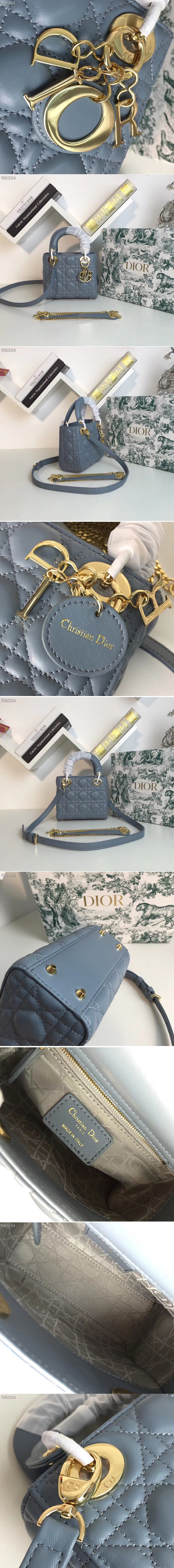 Replica Mini Lady Dior bags With Chain in Blue Pearly Cannage lambskin Leather