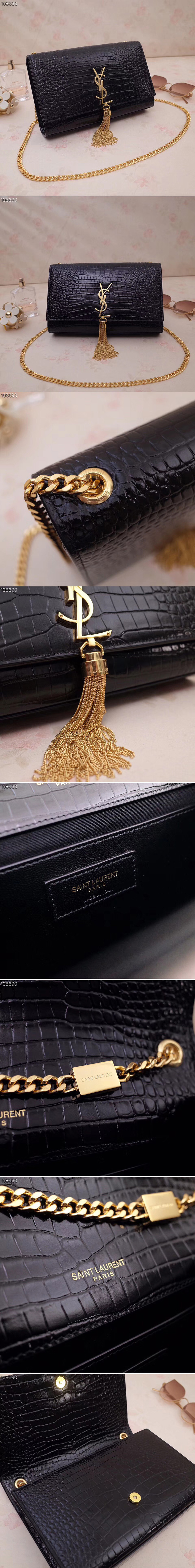 Replica Saint Laurent YSL 354119 Medium Kate Tassel Chain Bag Black Crocodile Embossed Leather Gold Hardware