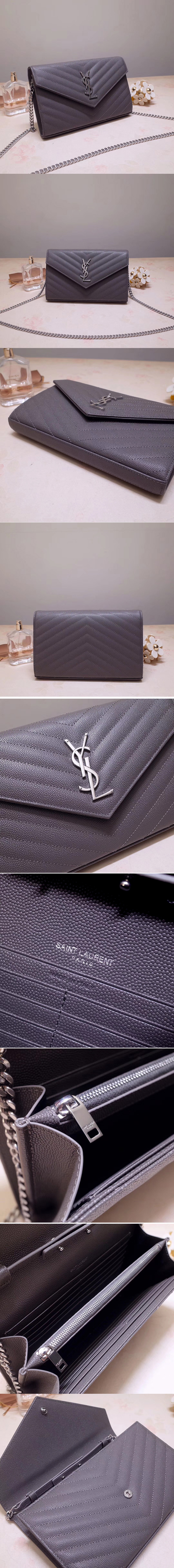 Replica Saint Laurent YSL 377828 Monogram Chain Wallet Bags In Gray Grain De Poudre Embossed Leather