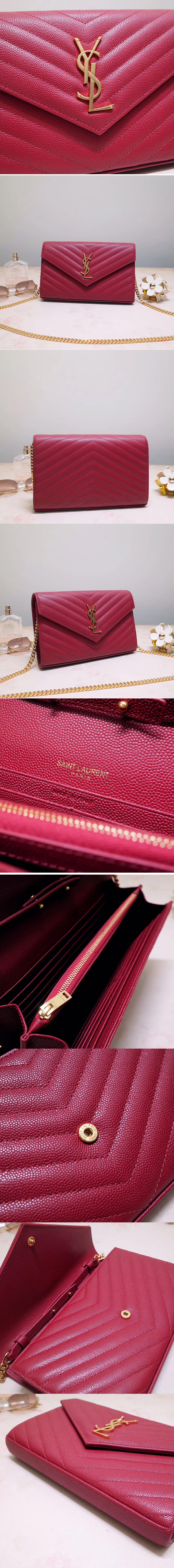 Replica Saint Laurent YSL 377828 Monogram Chain Wallet Bags In Red Grain De Poudre Embossed Leather