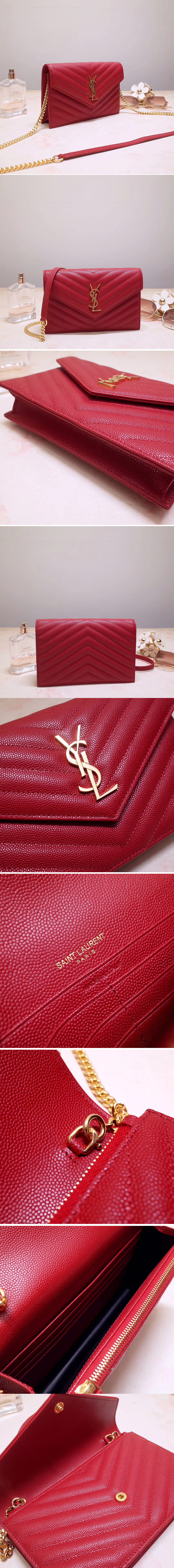 Replica Saint Laurent YSL 393953 Envelope Chain Wallet Bags In Red Grain De Poudre Embossed Leather