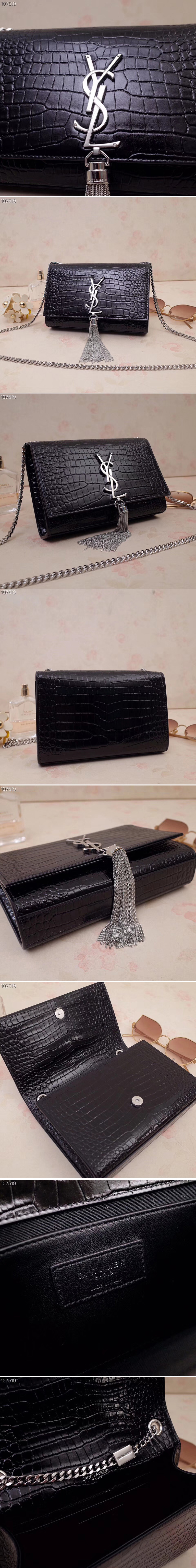 Replica Saint Laurent 474366 Kate Small With Tassel Bags In Black Embossed Crocodile Shiny Leather Silver Hardware