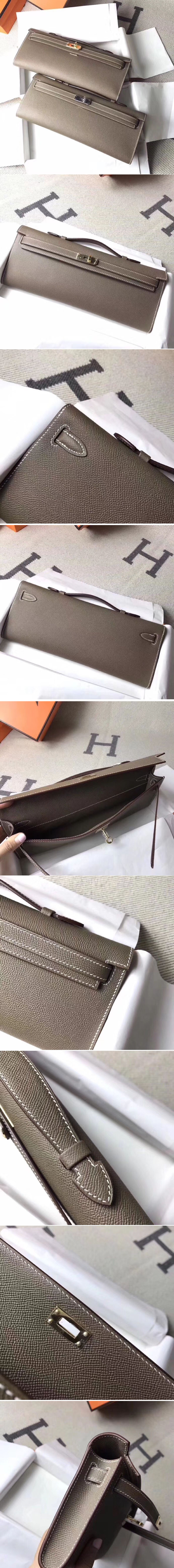 Replica Hermes Kelly Cut 31cm Clutch Elephant Gray Epsom Leather Full Handmade