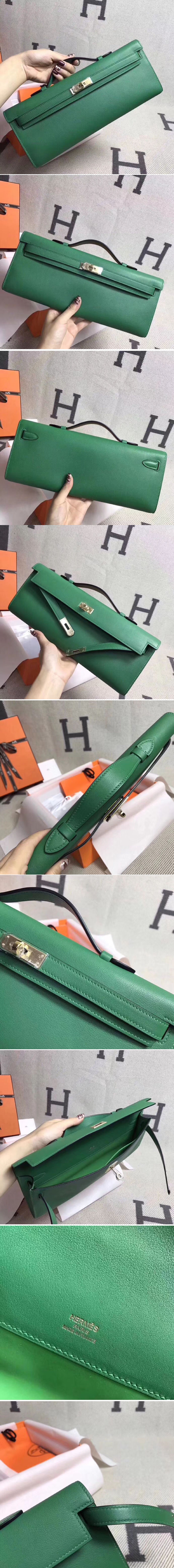 Replica Hermes Kelly Cut 31cm Clutch Green Swift Leather Full Handmade