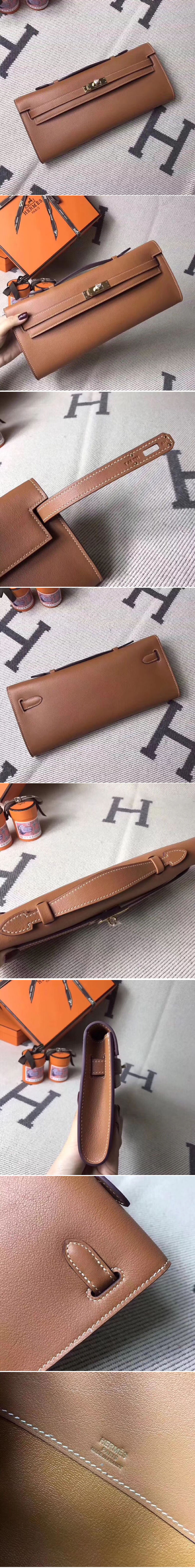 Replica Hermes Kelly Cut 31cm Clutch Brown Swift Leather Full Handmade 