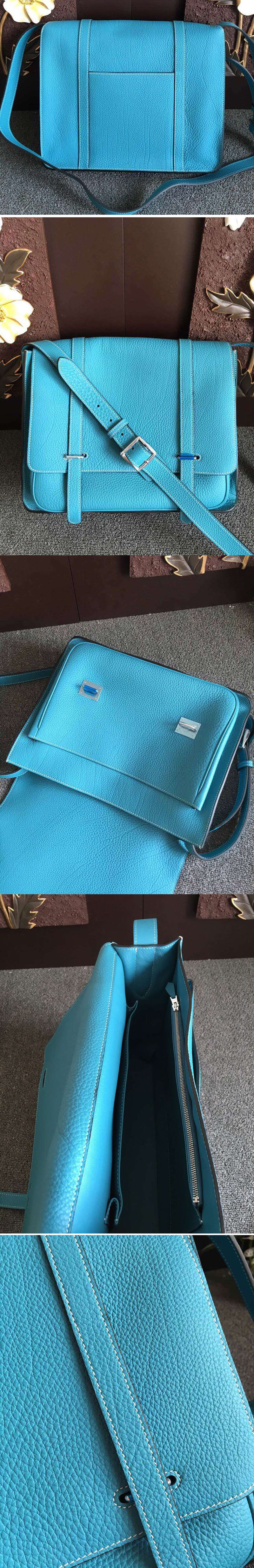 Replica Mens Hermes Steve 32cm Messenger Bags Oiriginal Light Blue Togo Leather 