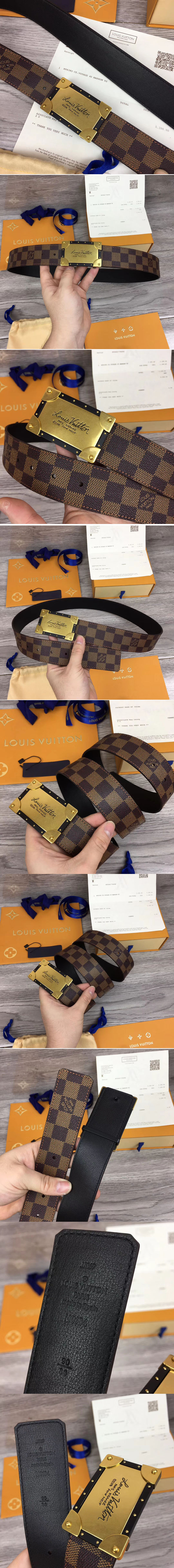 Replica Louis Vuitton M0185U LV Neo Trunk 40mm Reversible Belt Damier Ebene Canvas Gold Buckle