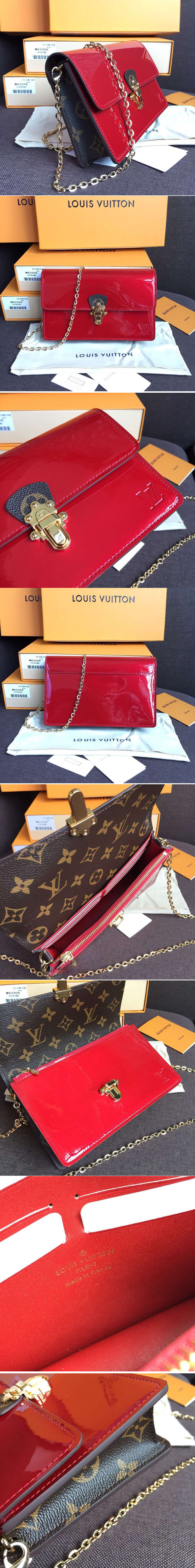 Replica Louis Vuitton M63305 Cherrywood Chain Wallet Bags Red Patent calf leather with Monogram canvas