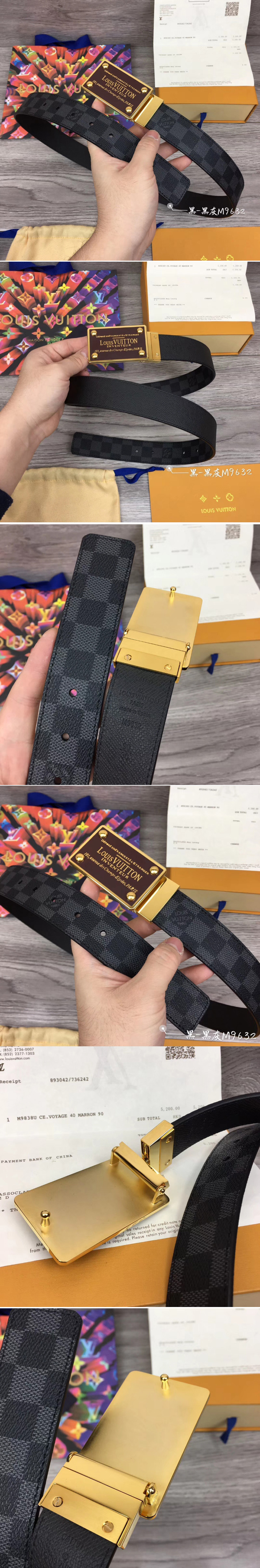 Replica Louis Vuitton M9632 LV Neo Inventeur Reversible 35mm Belts Damier Graphite Canvas Gold Buckle