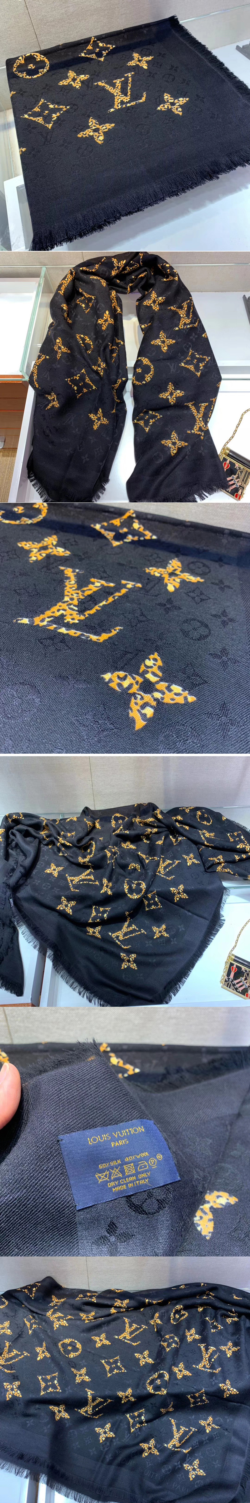 Replica Louis Vuitton M75882 LV Monogram Giant Jungle Shawl Black Silk and Wool