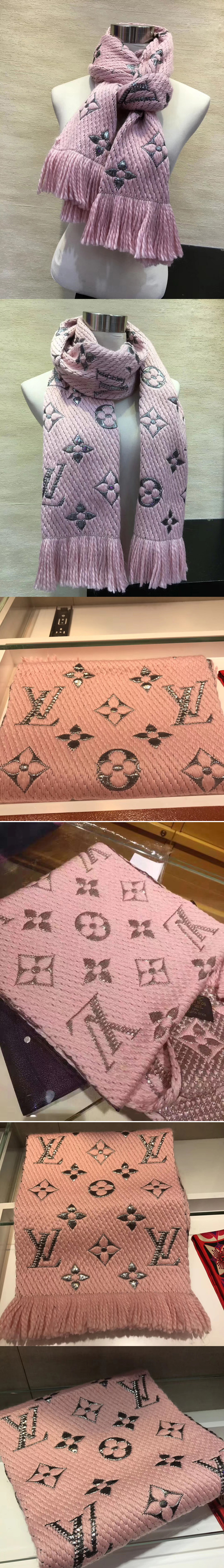 Replica Louis Vuitton M70466 LV Logomania Shine scarf Pink Wool and silk