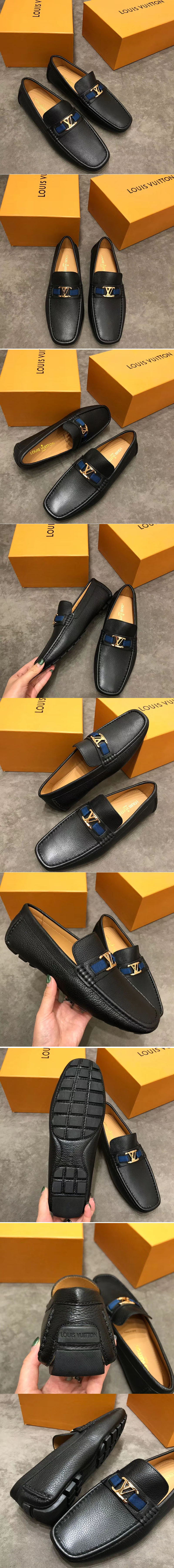 Replica Louis Vuitton LV Monte Carlo Moccasin Shoes Black Calf Leather Gold Buckle