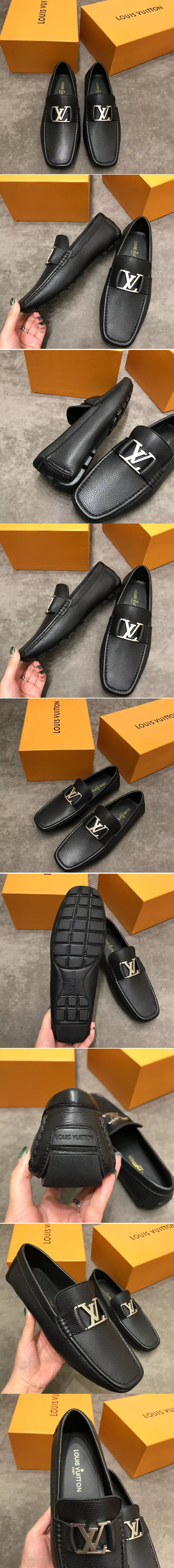 Replica Louis Vuitton LV Monte Carlo Moccasin Shoes Black Calf Leather Silver Buckle