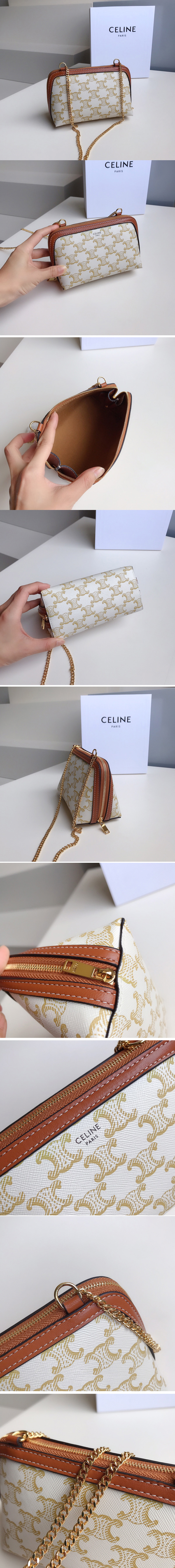 Replica Celine 10E382 clutch with chain in White triomphe canvas and Tan lambskin