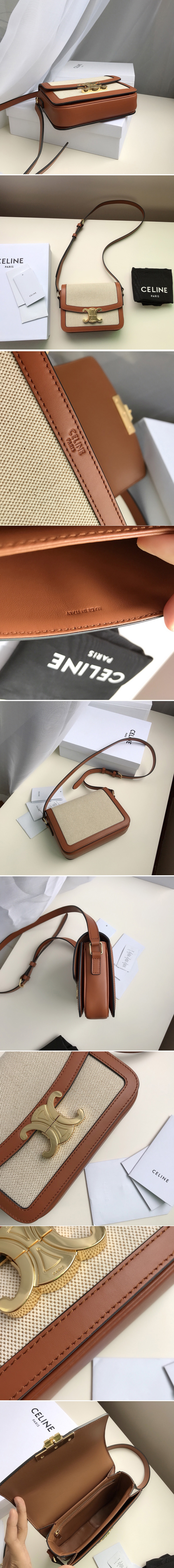 Replica Celine 188882 Teen Triomphe Bag in Textile and Natural Calfskin Tan/White