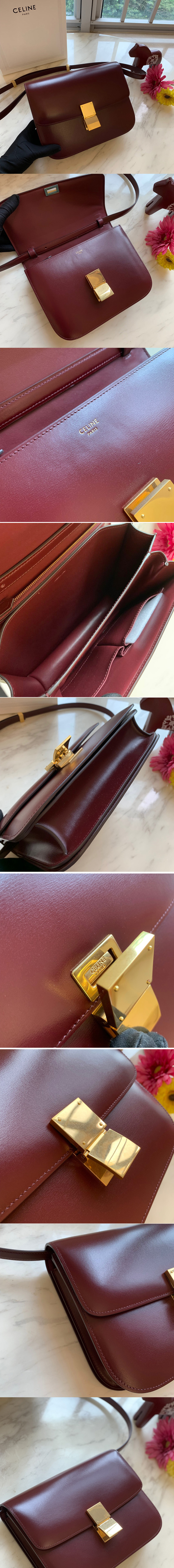 Replica Celine 189173 Medium Classic Bag in Burgundy box calfskin Leather