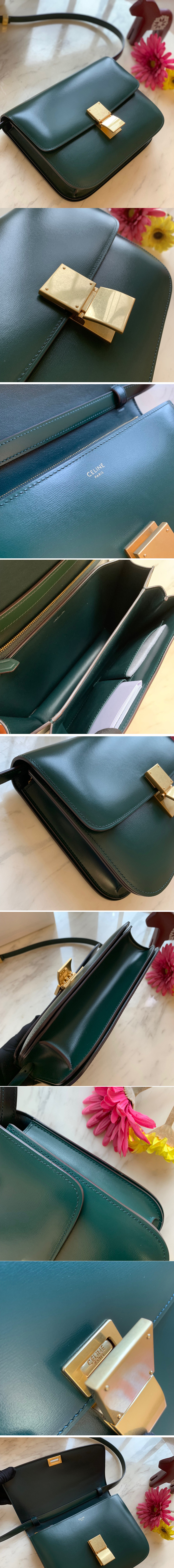 Replica Celine 189173 Medium Classic Bag in Green box calfskin Leather