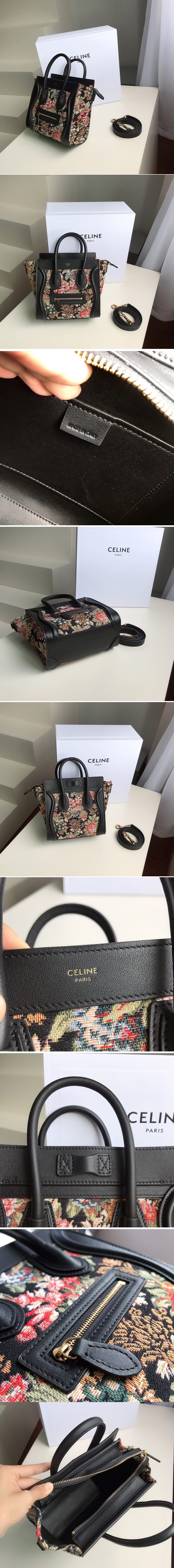 Replica Celine 189242 NANO LUGGAGE BAG IN FLORAL JACQUARD AND CALFSKIN