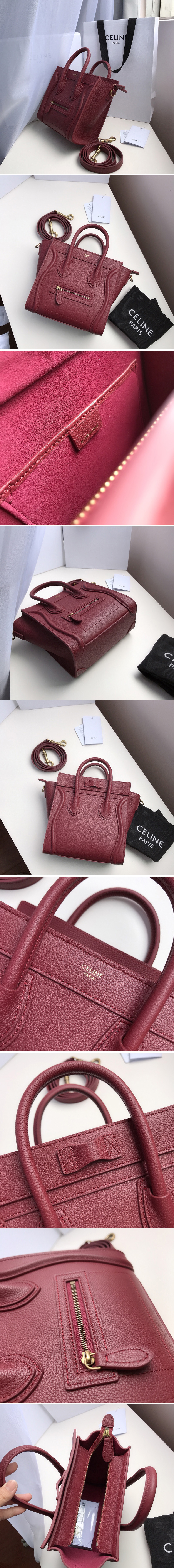 Replica Celine 189243 Nano Luggage Bag in Burgundy Drummed Calfskin Leather