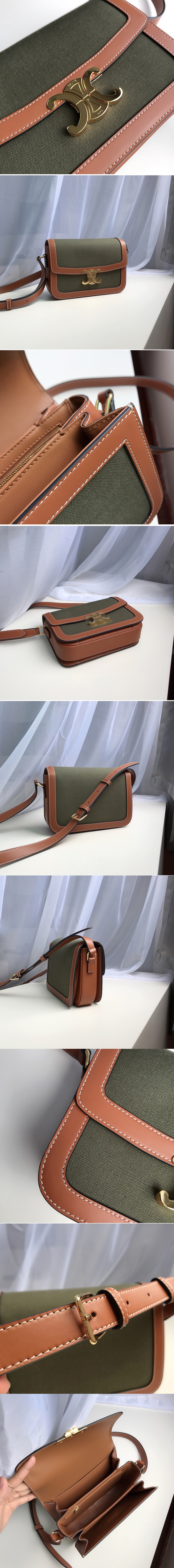 Replica Celine 191242 Medium Triomphe Bag in Green Textile and Brown Calfskin