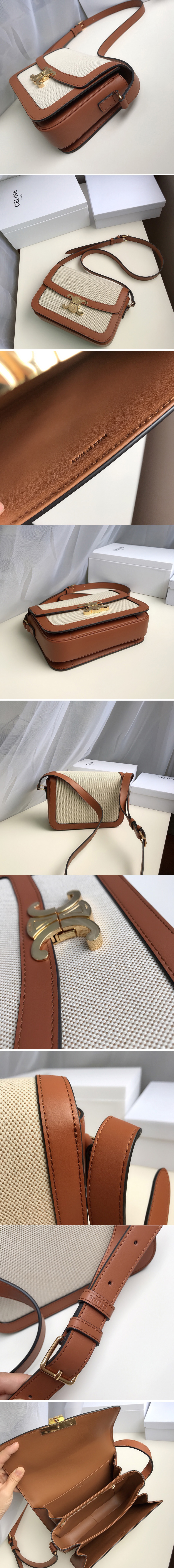 Replica Celine 191242 Medium Triomphe bag in Tan/White Textile and Natural Calfskin 