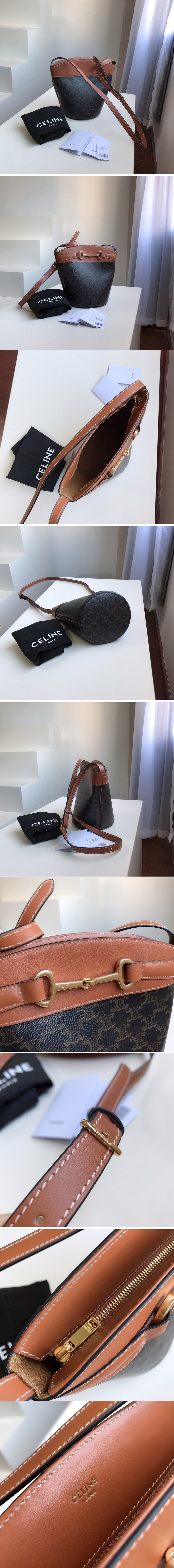 Replica Celine 192072 bucket crecy bag in triomphe canvas and Tan calfskin