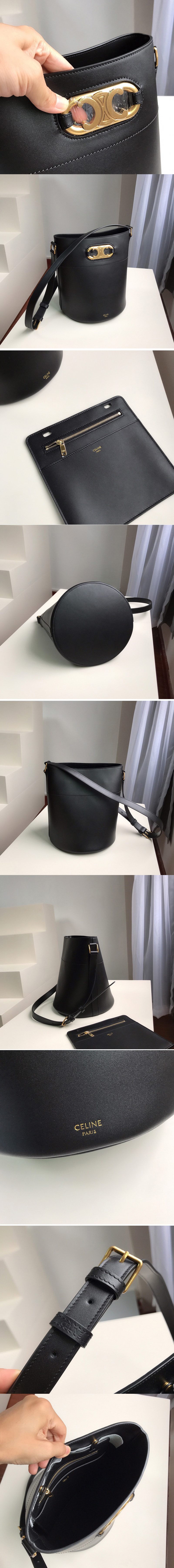 Replica Celine 193043 bucket maillon triomphe Bag in Black natural calfskin