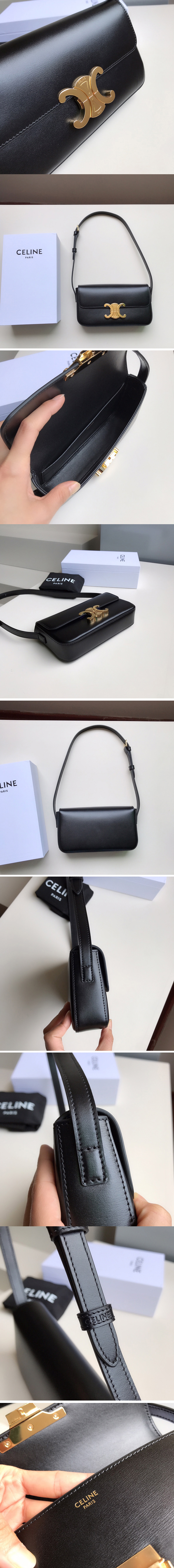 Replica Celine 194143 triomphe shoulder bag in Black shiny calfskin Leather