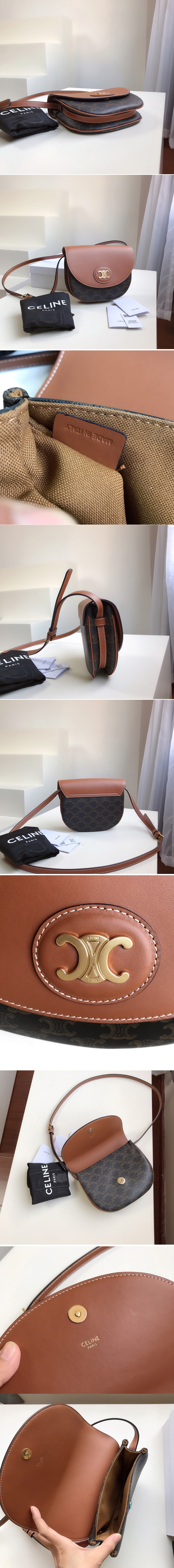 Replica Celine 194152 triomphe saddle bag in triomphe canvas with Tan CALFSKIN Leather